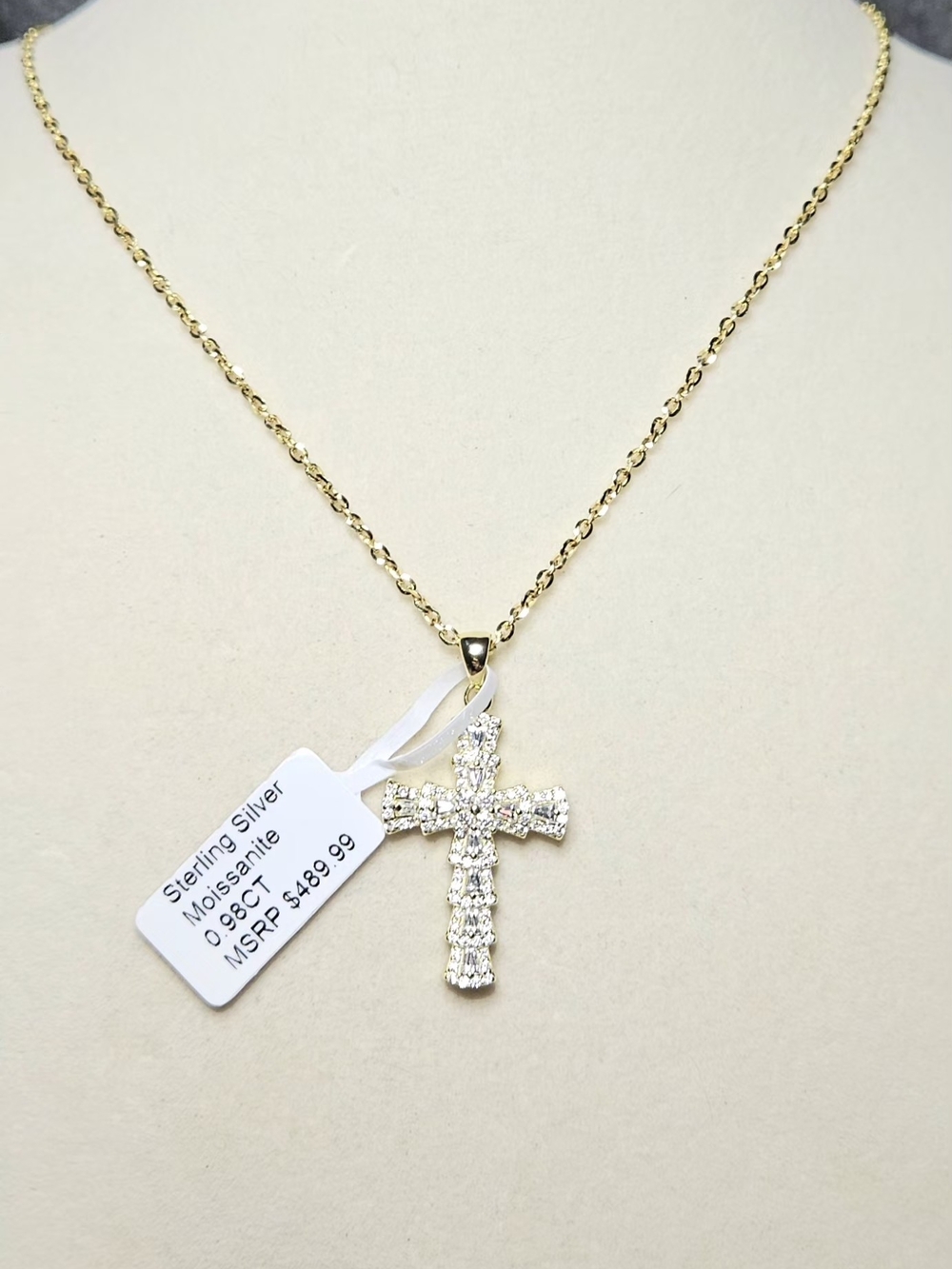 NWT Sterling Silver Moissanite Cross Pendant Necklace 0.98CT Gold Tone
